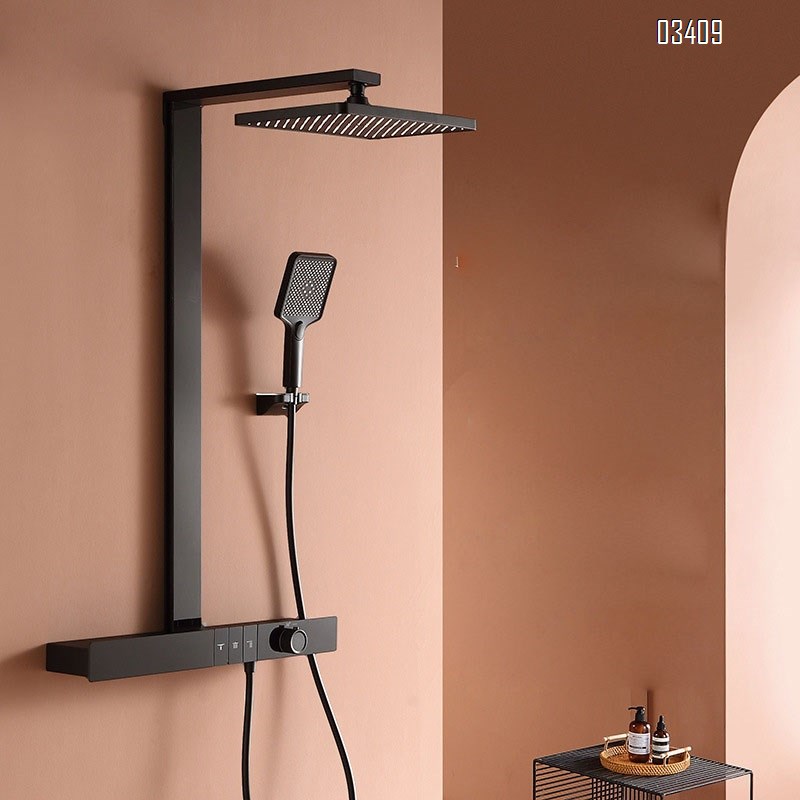 Gun gray button thremostatic shower bathroom extended large storage platform rain increase pressure exposed home bath shower set