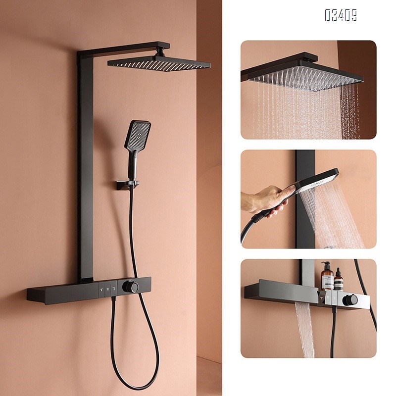 Gun gray button thremostatic shower bathroom extended large storage platform rain increase pressure exposed home bath shower set