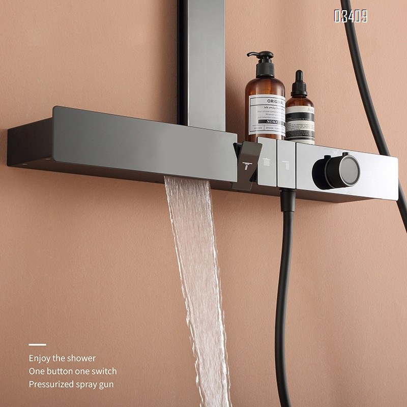 Gun gray button thremostatic shower bathroom extended large storage platform rain increase pressure exposed home bath shower set