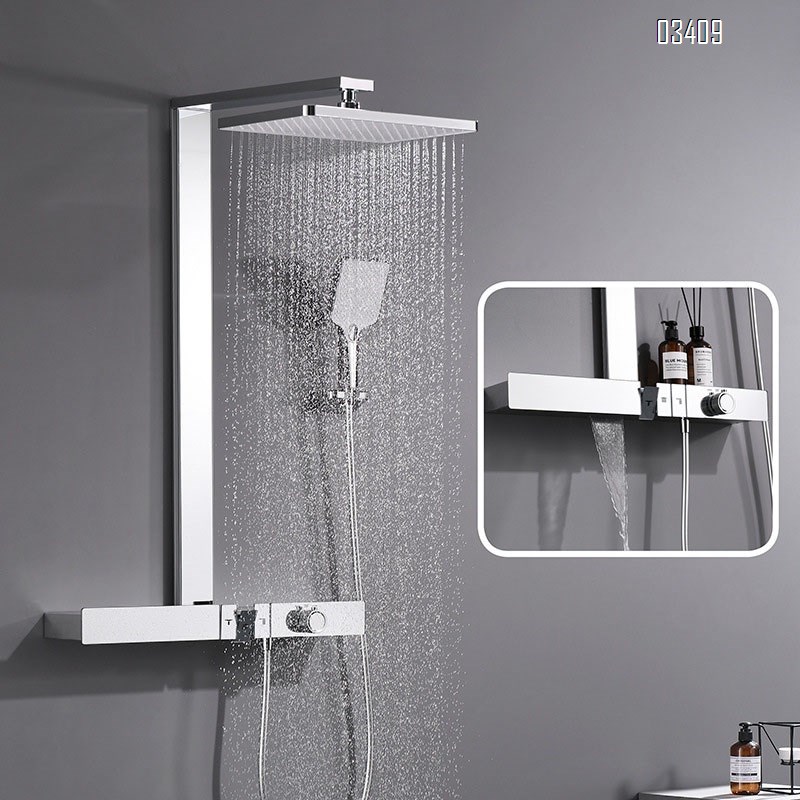 Gun gray button thremostatic shower bathroom extended large storage platform rain increase pressure exposed home bath shower set