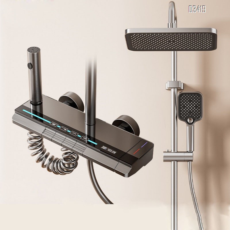Gun grey shower head set with temperature control with adjustable pressure spray head with cold and hot piano-style digital display