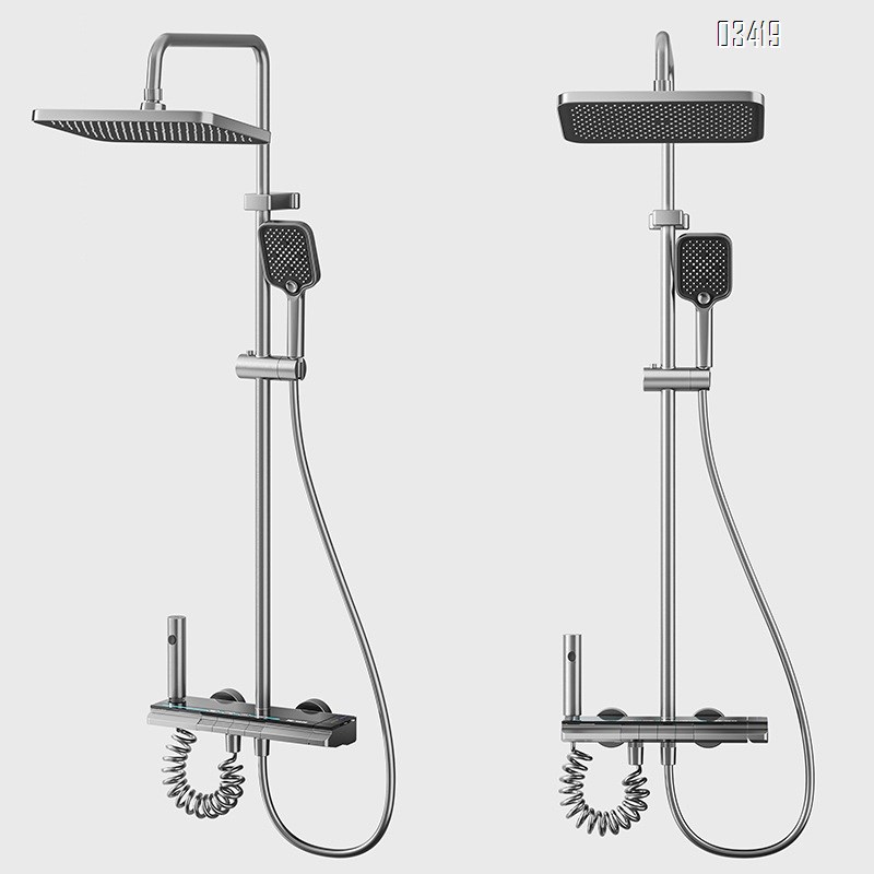 Gun grey shower head set with temperature control with adjustable pressure spray head with cold and hot piano-style digital display