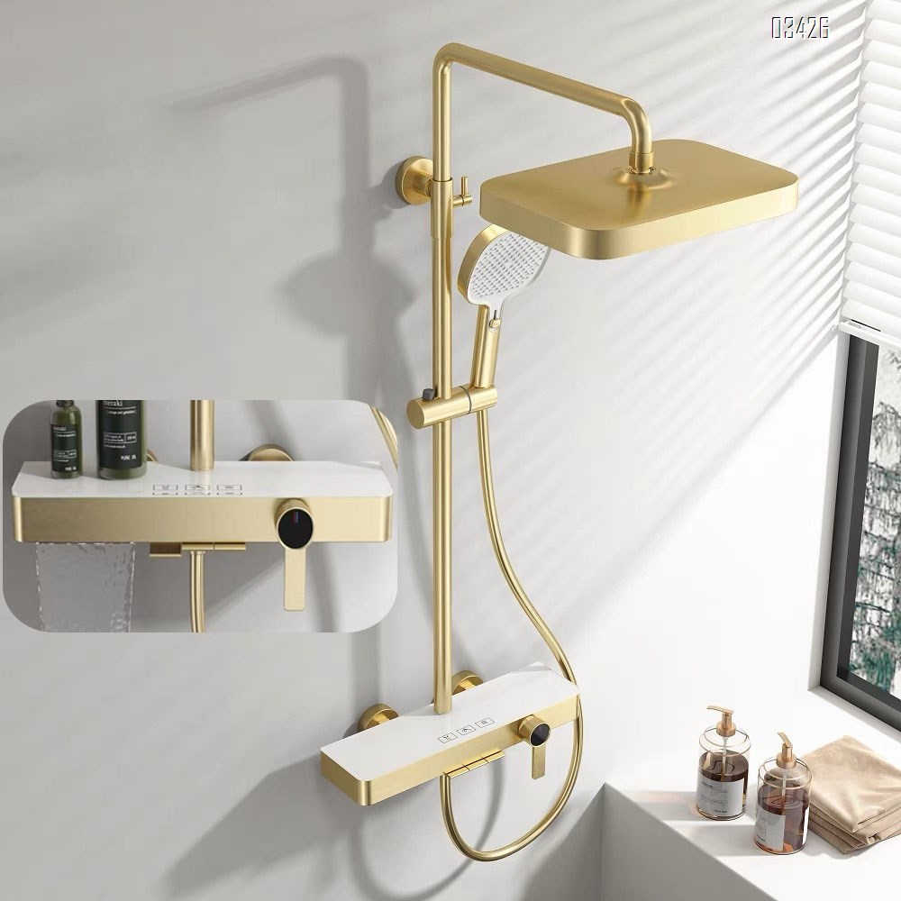 Full Brass waterway brushed gold cold and hot top spray shower set for home and hotel use simple button mixing valve