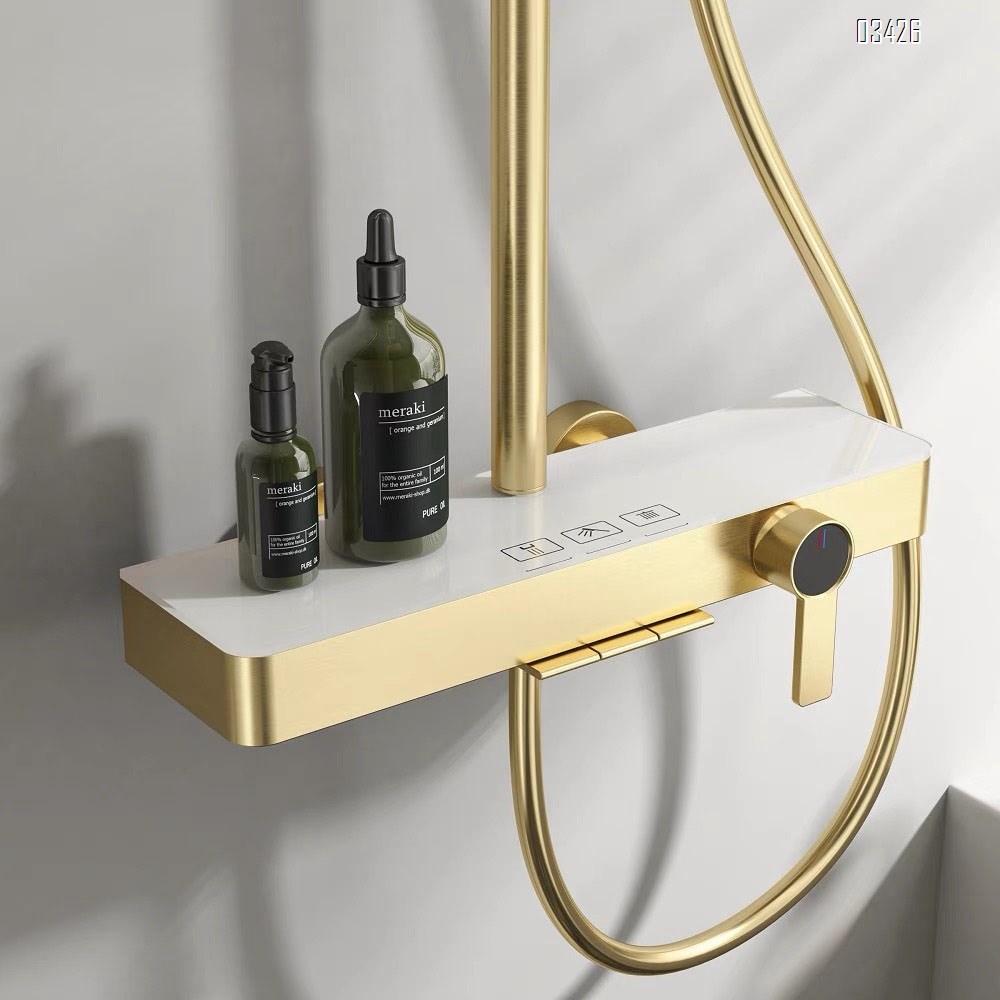 Full Brass waterway brushed gold cold and hot top spray shower set for home and hotel use simple button mixing valve