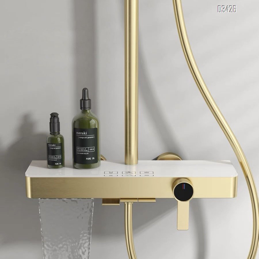 Full Brass waterway brushed gold cold and hot top spray shower set for home and hotel use simple button mixing valve