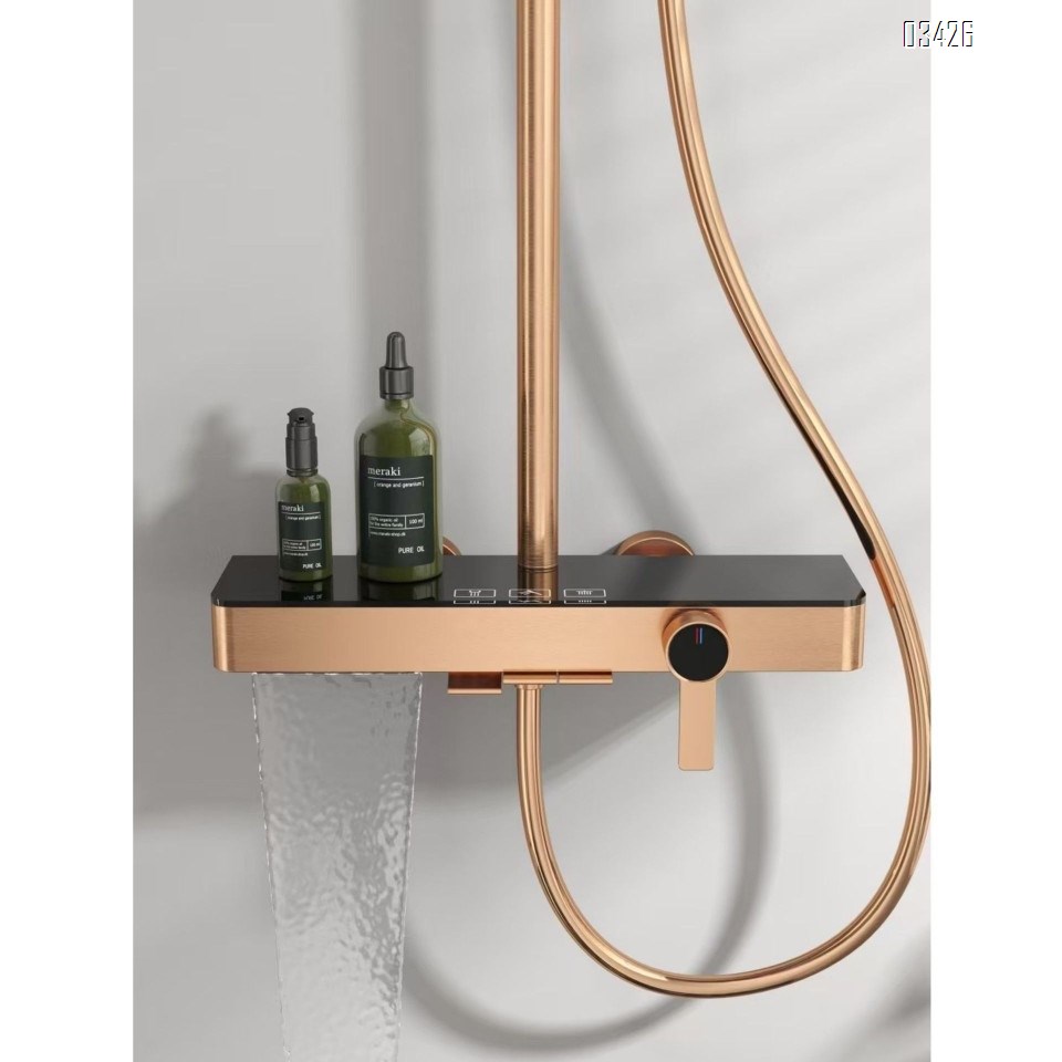 Full Brass waterway brushed gold cold and hot top spray shower set for home and hotel use simple button mixing valve