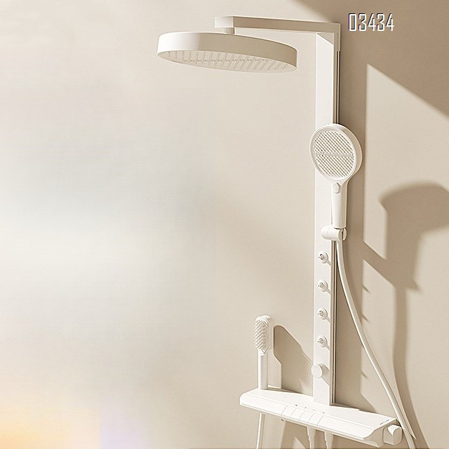 Cream wall-mounted storage rack with square rod shower head set with temperature display bathroom and washroom pressure booster white Tap