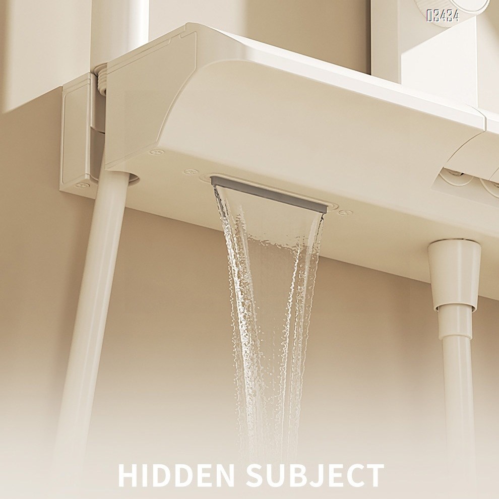 Cream wall-mounted storage rack with square rod shower head set with temperature display bathroom and washroom pressure booster white Tap