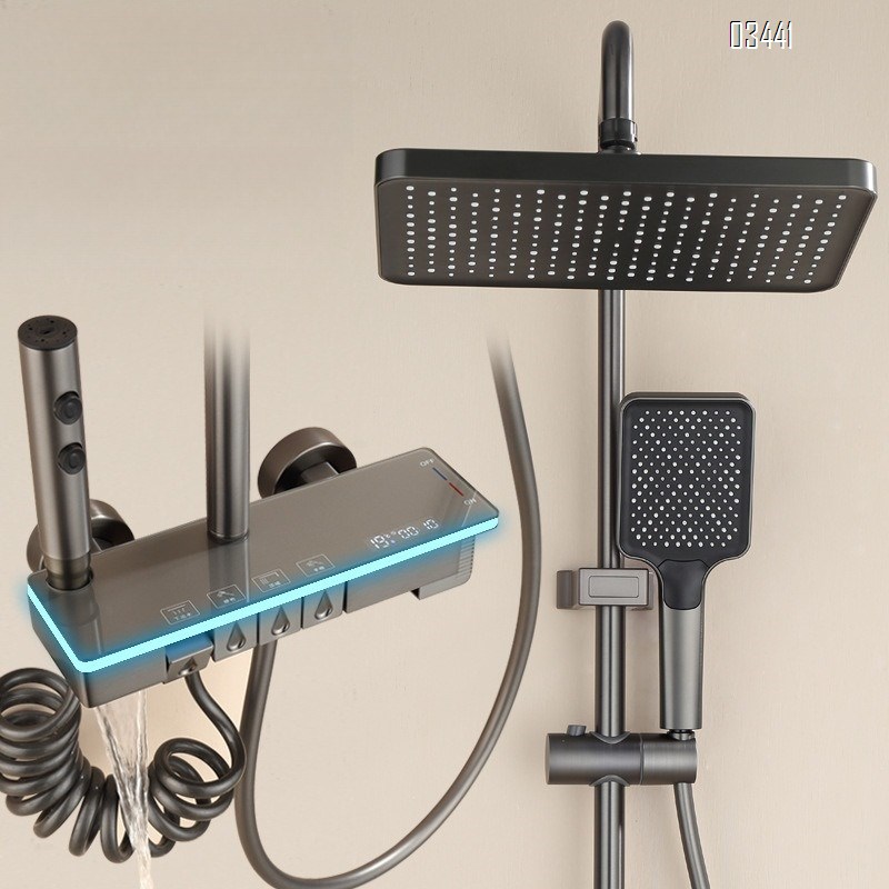 Home use shower head set with Brass smart digital display set of pressure gun grey ash piano key concealed shower device