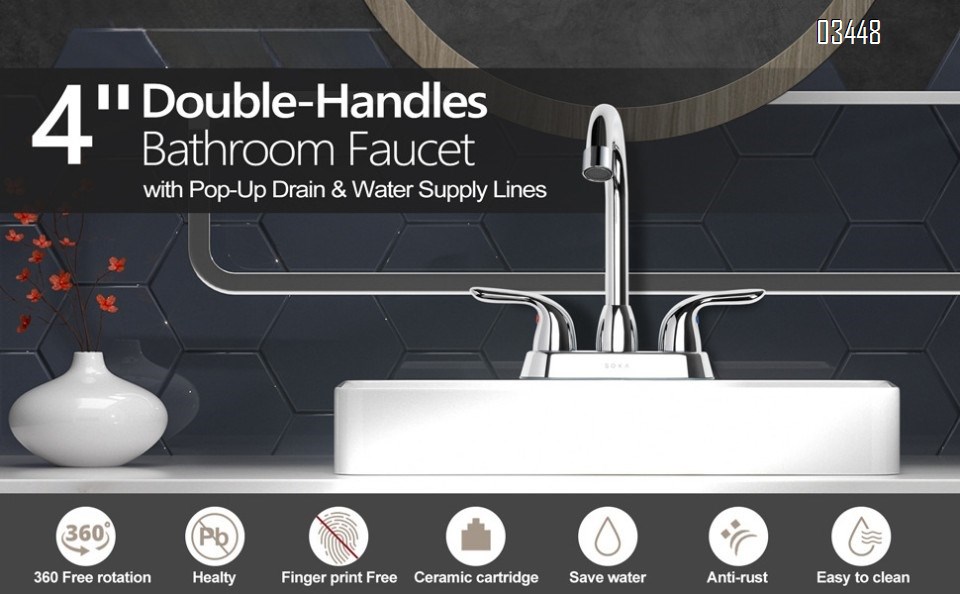 Bathroom Faucets with Pop up Drain , Lead-Free Stainless Steel 2 Handle Centerset Faucet for Vanity, RV