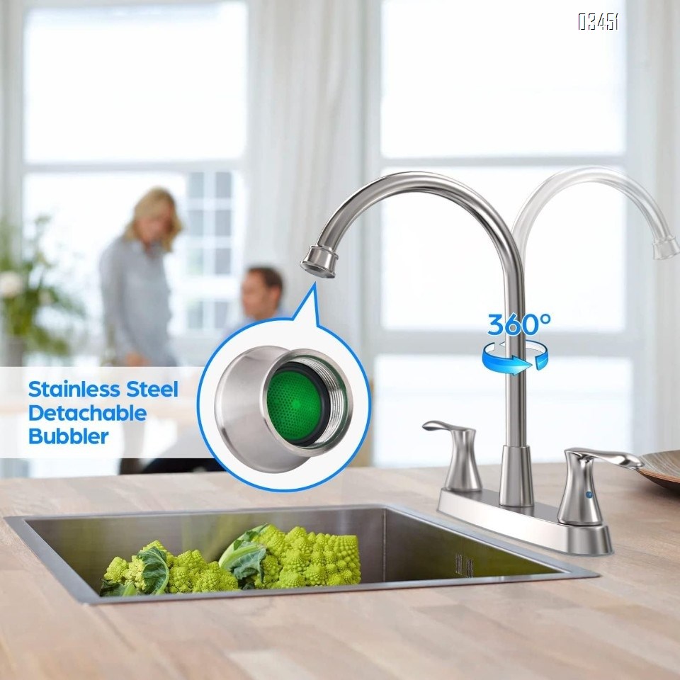 Dual Handle Kitchen Faucet with Side Spray Stainless Steel 360° Rotatable 3 or 4 Hole RV Faucet for Kitchen Sink