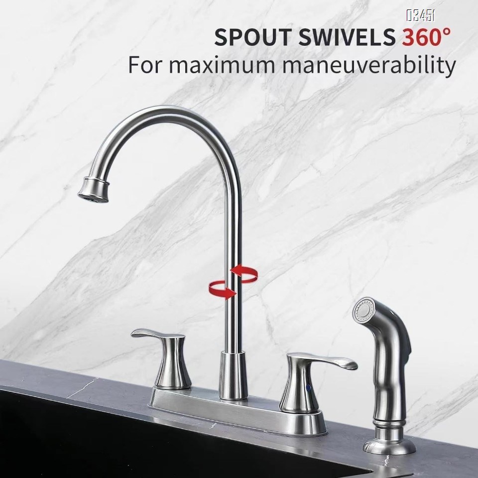 Dual Handle Kitchen Faucet with Side Spray Stainless Steel 360° Rotatable 3 or 4 Hole RV Faucet for Kitchen Sink