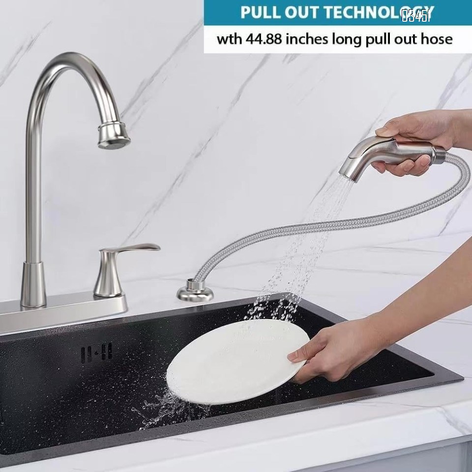 Dual Handle Kitchen Faucet with Side Spray Stainless Steel 360° Rotatable 3 or 4 Hole RV Faucet for Kitchen Sink