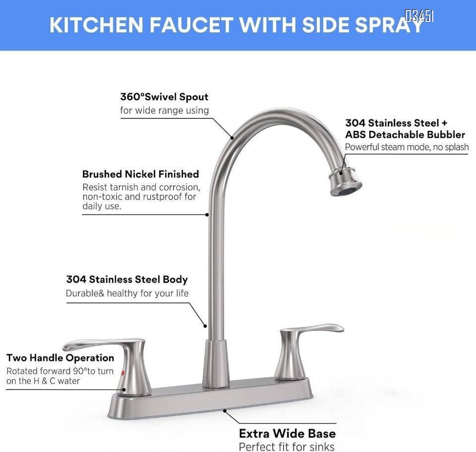 Dual Handle Kitchen Faucet with Side Spray Stainless Steel 360° Rotatable 3 or 4 Hole RV Faucet for Kitchen Sink