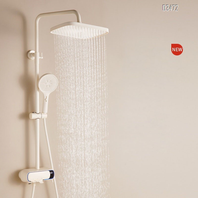 White Shower Head Set with Digital Thermostatic Temperature Control Brass Tap Square Shower Set for Bathroom Water Pressure
