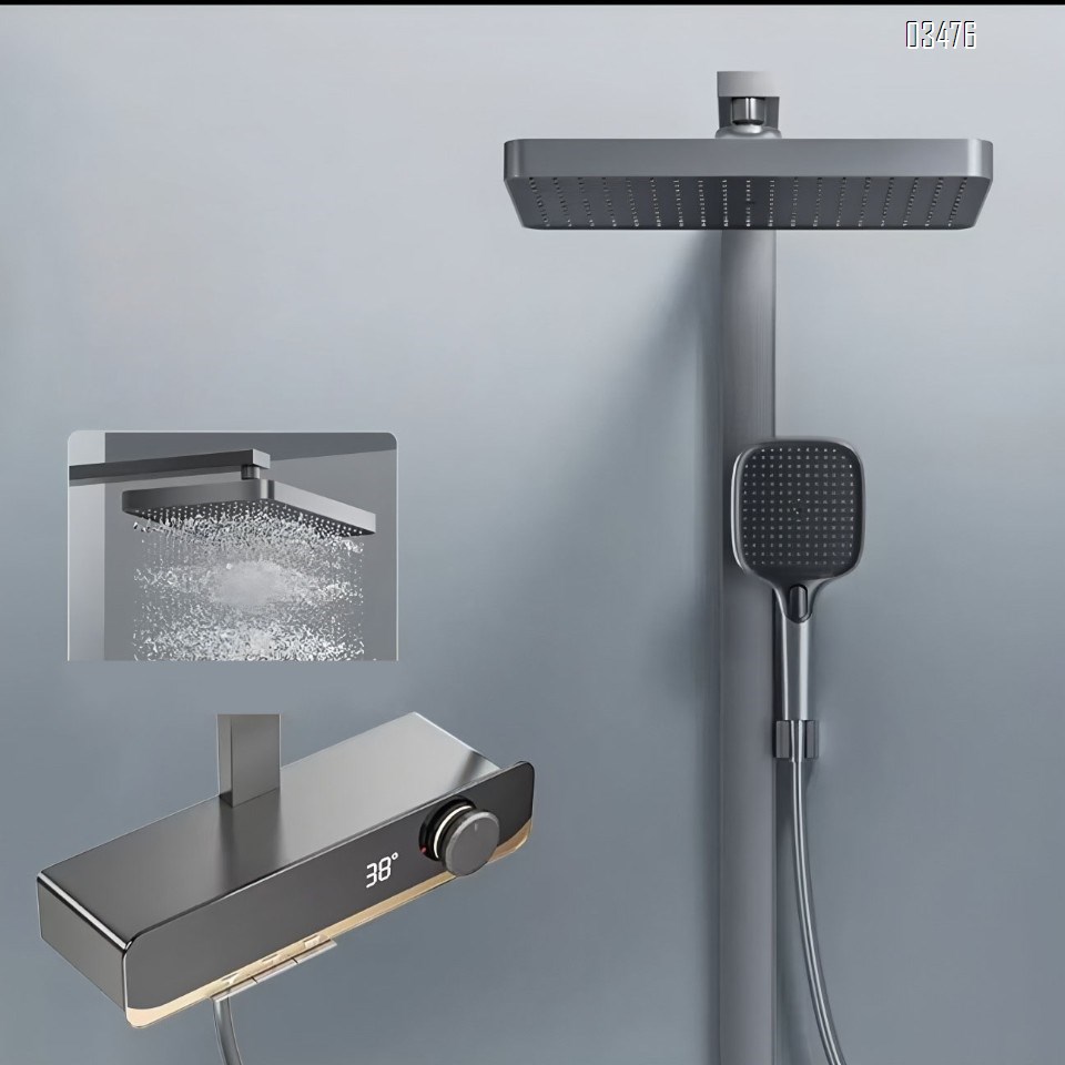 Gun gray thermostatic shower set with pressure-increasing wall-mounted Brass large storage design and button water outlet