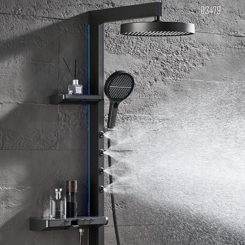 Shower Head Set with thermostatic and Digital Display Full Brass Shower with Piano Atmosphere Light Waterfall Shower Head