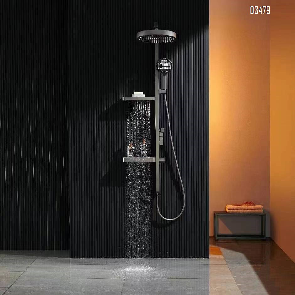 Shower Head Set with thermostatic and Digital Display Full Brass Shower with Piano Atmosphere Light Waterfall Shower Head