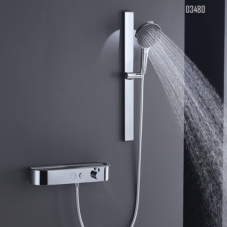 Brass shower head set with exposed installation and pressure increase for home use thermostatic shower with storage function for hotels