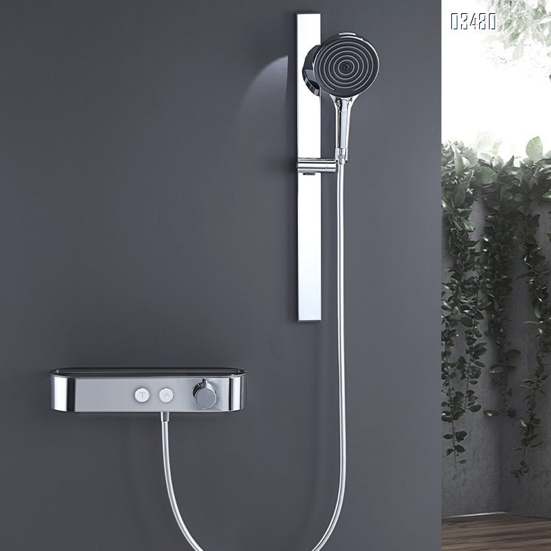 Brass shower head set with exposed installation and pressure increase for home use thermostatic shower with storage function for hotels