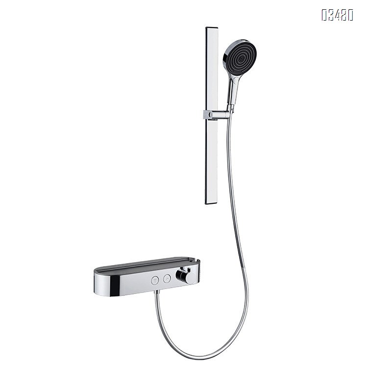 Brass shower head set with exposed installation and pressure increase for home use thermostatic shower with storage function for hotels