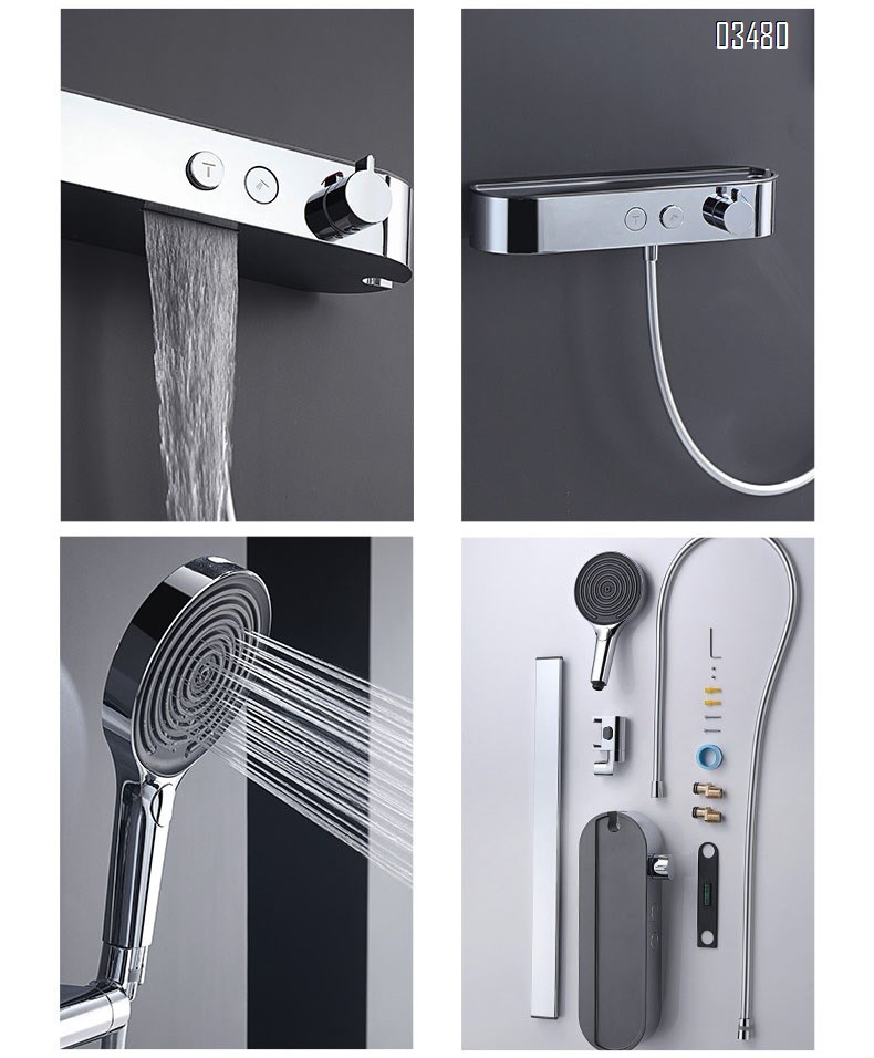 Brass shower head set with exposed installation and pressure increase for home use thermostatic shower with storage function for hotels