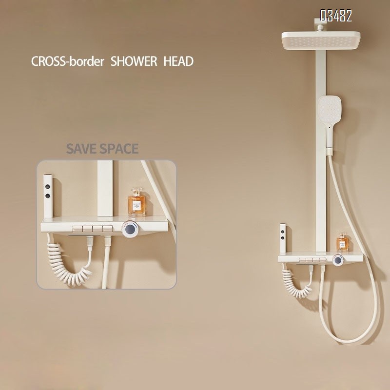 Brass White Four-function shower head set with cold and hot cream-style piano key digital display storage shower