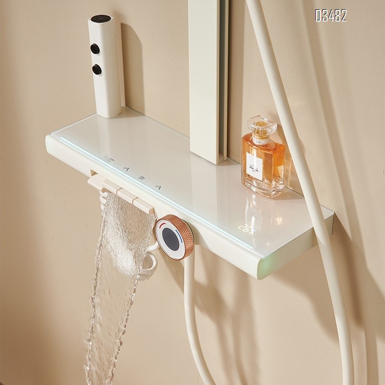 Brass White Four-function shower head set with cold and hot cream-style piano key digital display storage shower