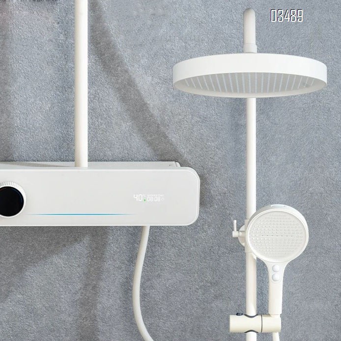 Cream style White high-end storage button digital display pure Brass shower faucet set cold and hot pressure increase