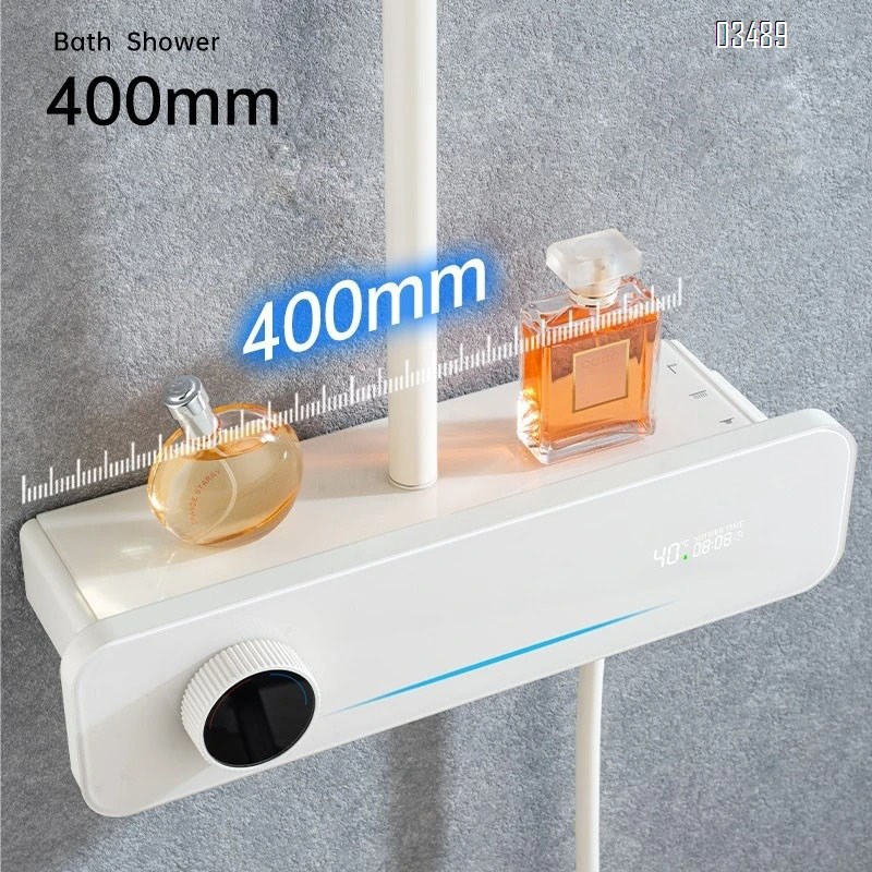 Cream style White high-end storage button digital display pure Brass shower faucet set cold and hot pressure increase