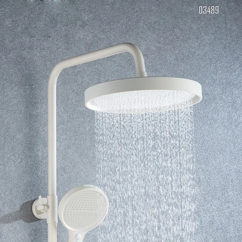 Cream style White high-end storage button digital display pure Brass shower faucet set cold and hot pressure increase