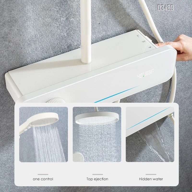 Cream style White high-end storage button digital display pure Brass shower faucet set cold and hot pressure increase