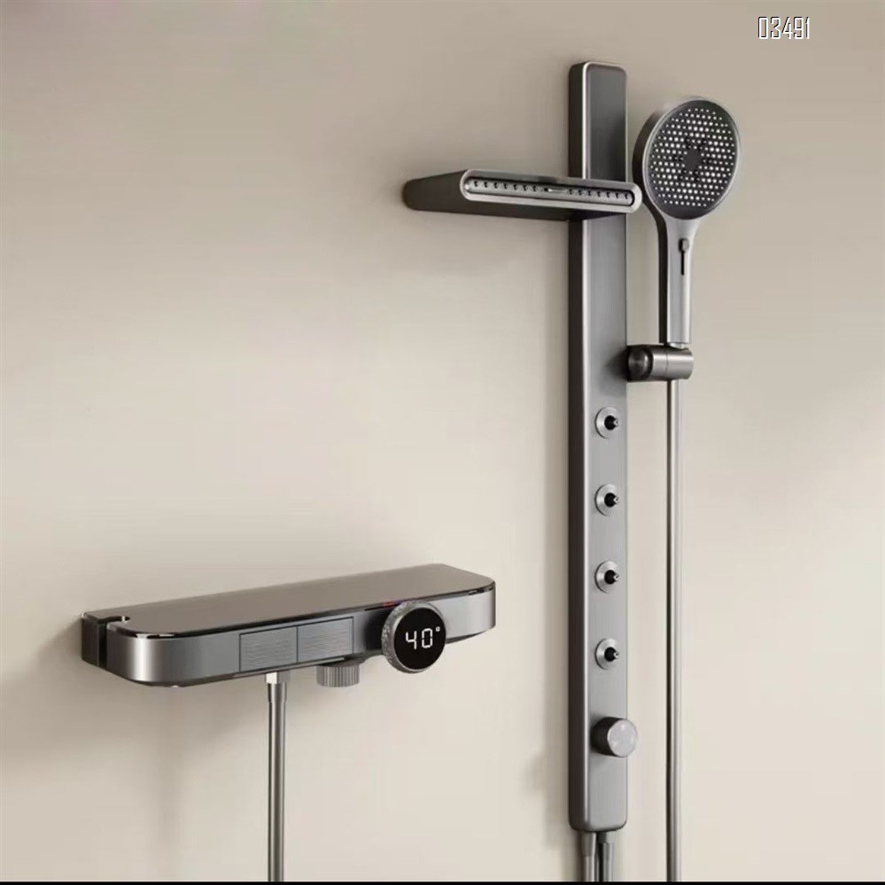 Brass White simple ceiling-mounted shower head set with temperature control cold and hot pressure display button wall-mounted