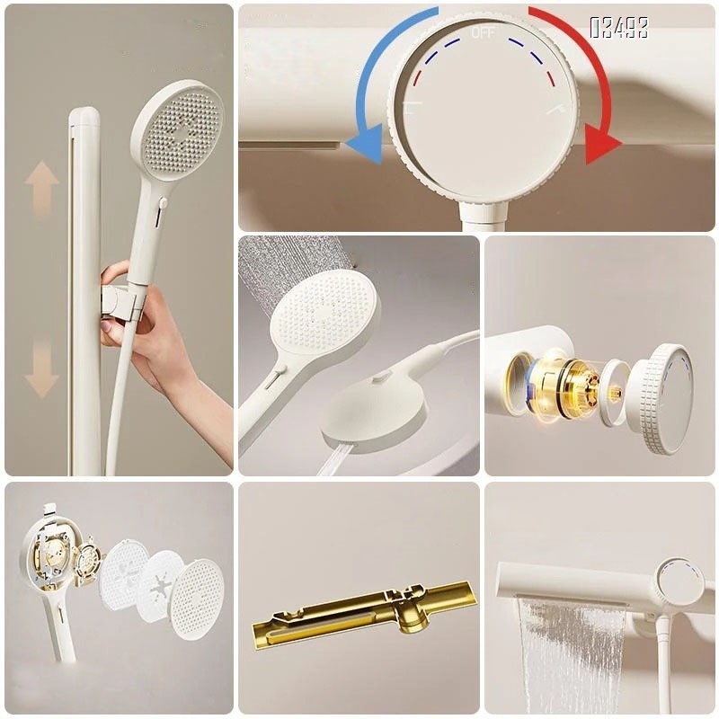 Cream-style small apartment pure Brass shower head set with temperature control cold and hot pressure waist spray white