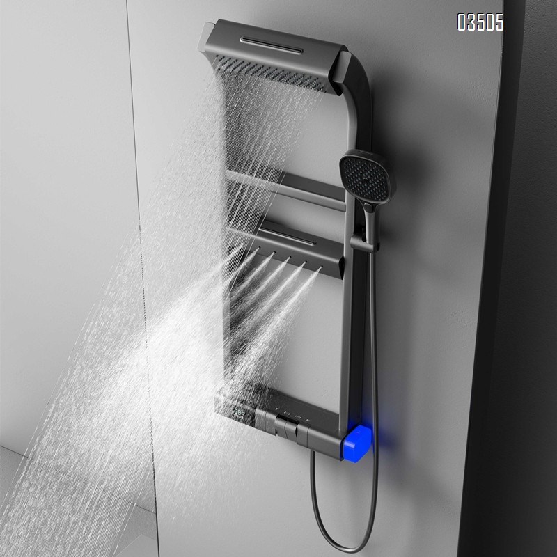 Gun-gray bathroom thermostatic shower head set with digital display storage shelf Brass waist wash shower device