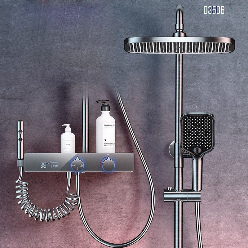 Brass Shower head set with digital display Gun gray cold and hot smart shower set bathroom rain shower Tap