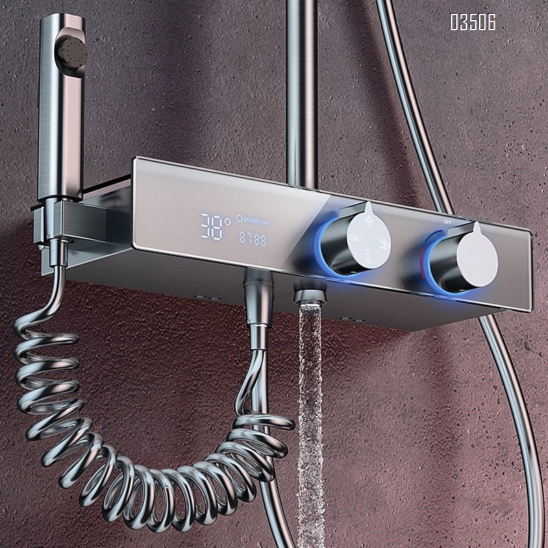 Brass Shower head set with digital display Gun gray cold and hot smart shower set bathroom rain shower Tap