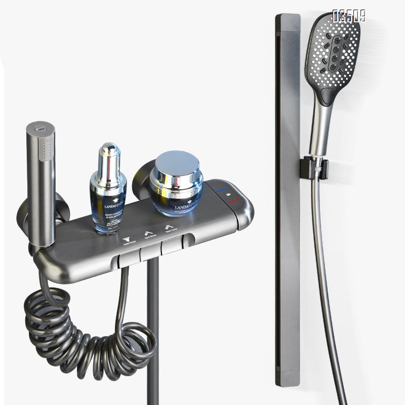 Full Brass Gun gray smart digital display shower head set for home bathroom pressure increasing shower set spray head