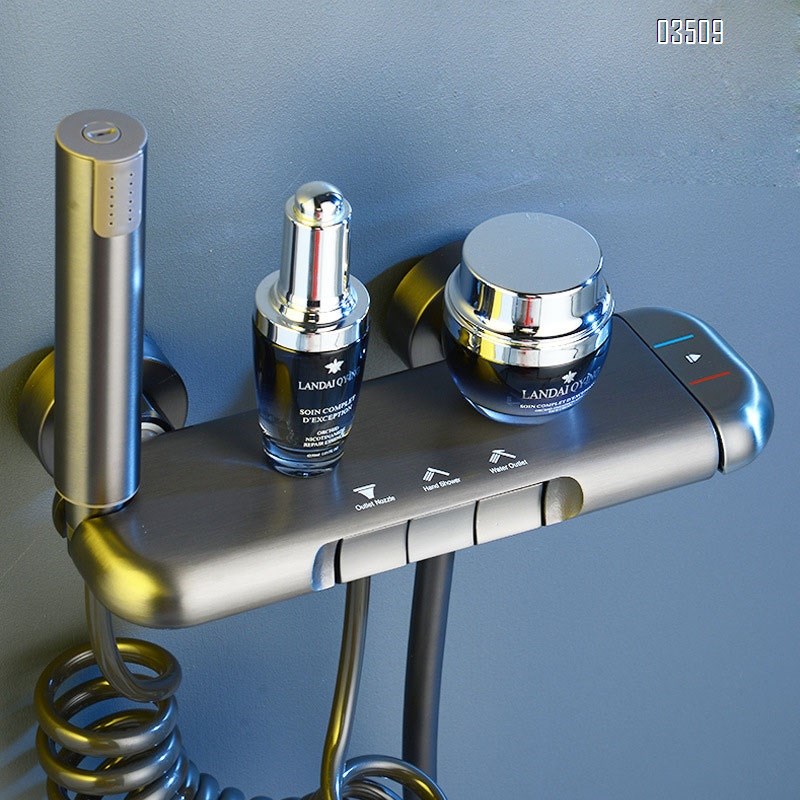 Full Brass Gun gray smart digital display shower head set for home bathroom pressure increasing shower set spray head