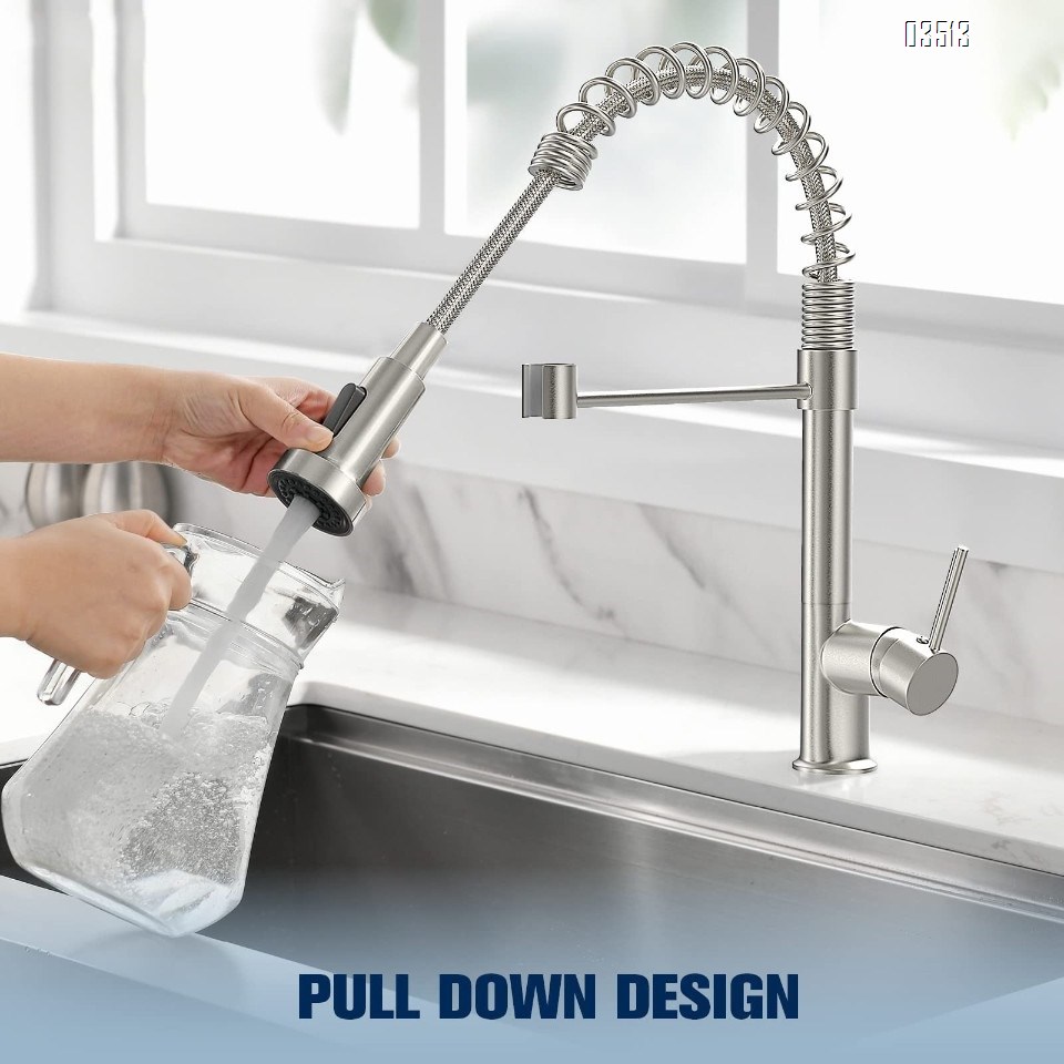 Kitchen Faucet with Pull Down Sprayer,Commercial Single Handle Brass Kitchen Faucets with Deck Plate,Brushed
