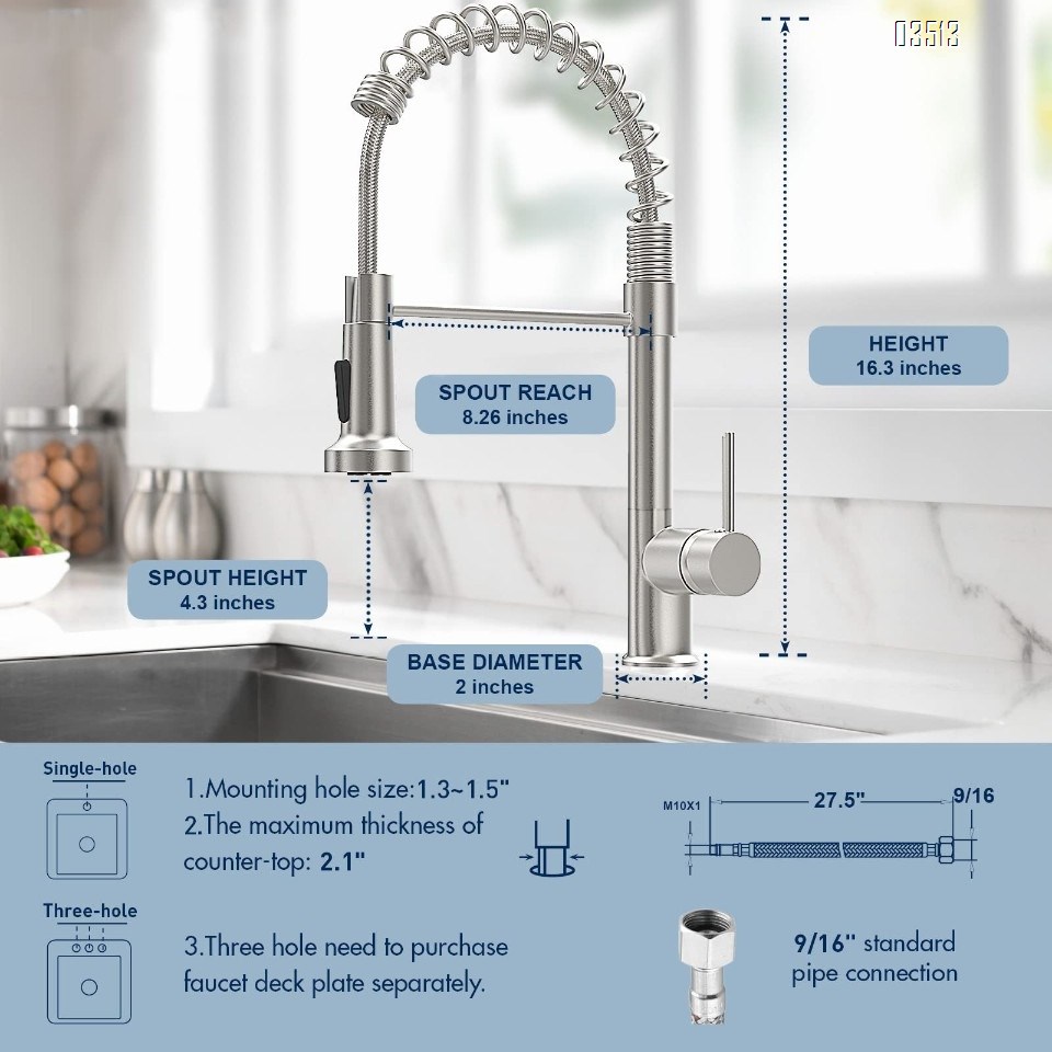 Kitchen Faucet with Pull Down Sprayer,Commercial Single Handle Brass Kitchen Faucets with Deck Plate,Brushed