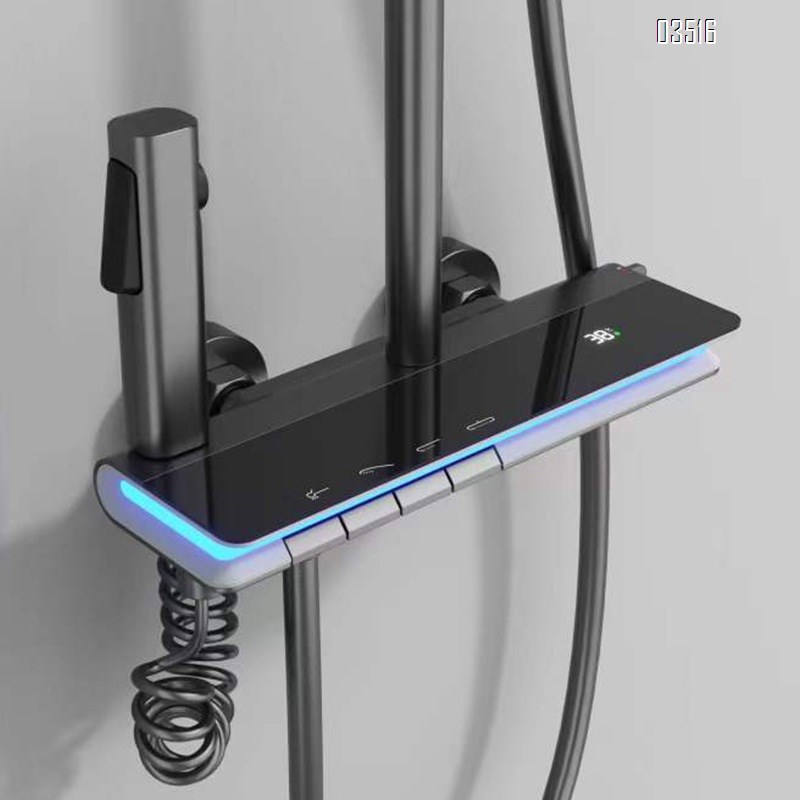 Themostatic Shower Head Set Spray Brass LED Ambient Light Rain Shower Constant Temperature Intelligent Digital Display Pressure Tap