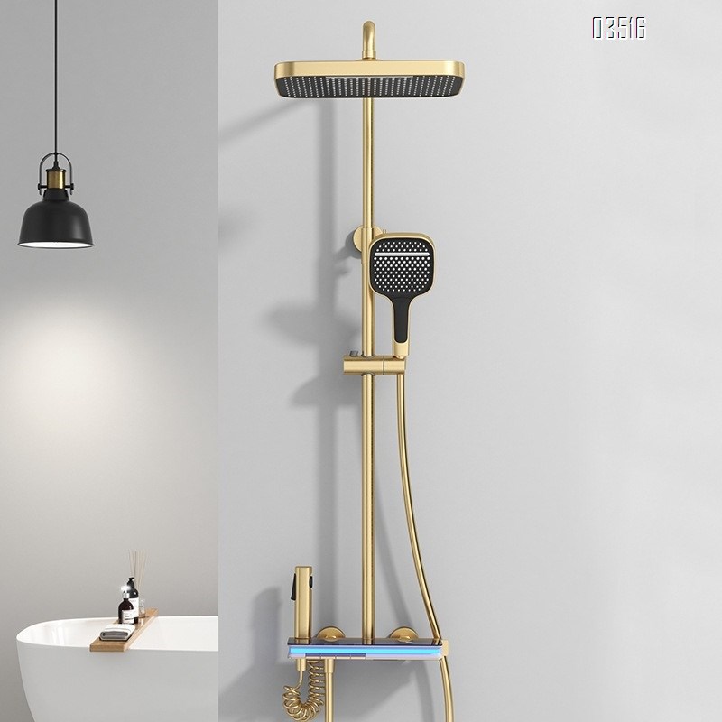 Themostatic Shower Head Set Spray Brass LED Ambient Light Rain Shower Constant Temperature Intelligent Digital Display Pressure Tap