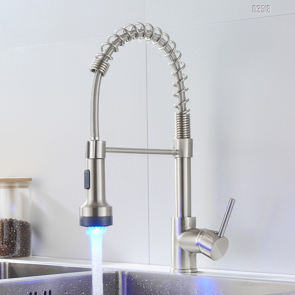 Kitchen Faucet with LED Pull Down Sprayer , Brushed Commercial Single Handle High Arc Faucet for Sink, Brass Kitchen Faucet