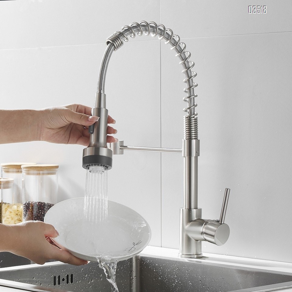 Kitchen Faucet with LED Pull Down Sprayer , Brushed Commercial Single Handle High Arc Faucet for Sink, Brass Kitchen Faucet