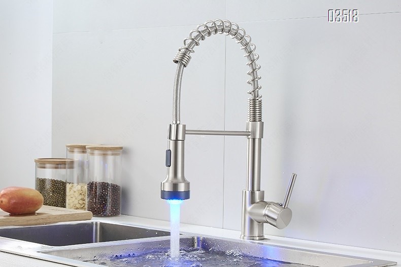 Kitchen Faucet with LED Pull Down Sprayer , Brushed Commercial Single Handle High Arc Faucet for Sink, Brass Kitchen Faucet