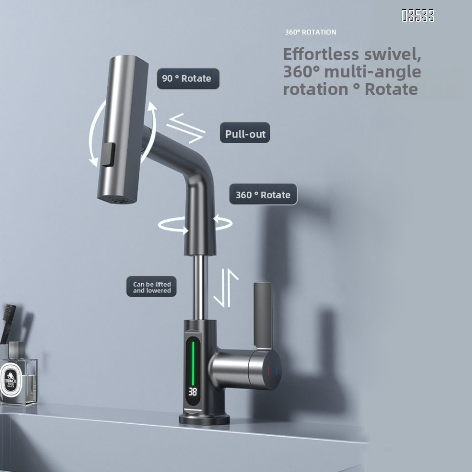 Modern Single-Hole  Pull Out Kitchen Sink Faucet Water Fall Mixer with Temperature Show Display for Hotels and Apartments