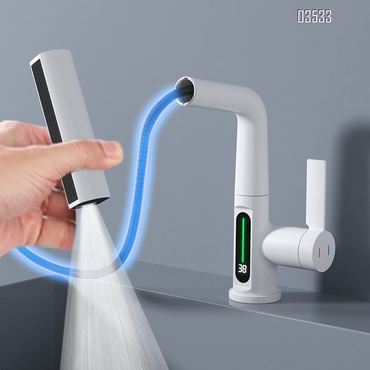 Modern Single-Hole  Pull Out Kitchen Sink Faucet Water Fall Mixer with Temperature Show Display for Hotels and Apartments