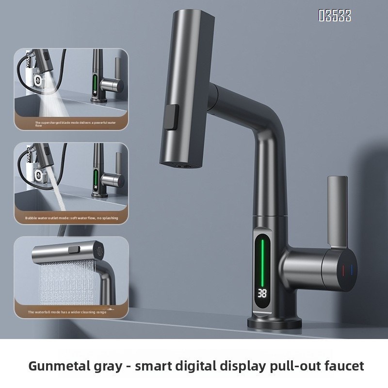 Modern Single-Hole  Pull Out Kitchen Sink Faucet Water Fall Mixer with Temperature Show Display for Hotels and Apartments