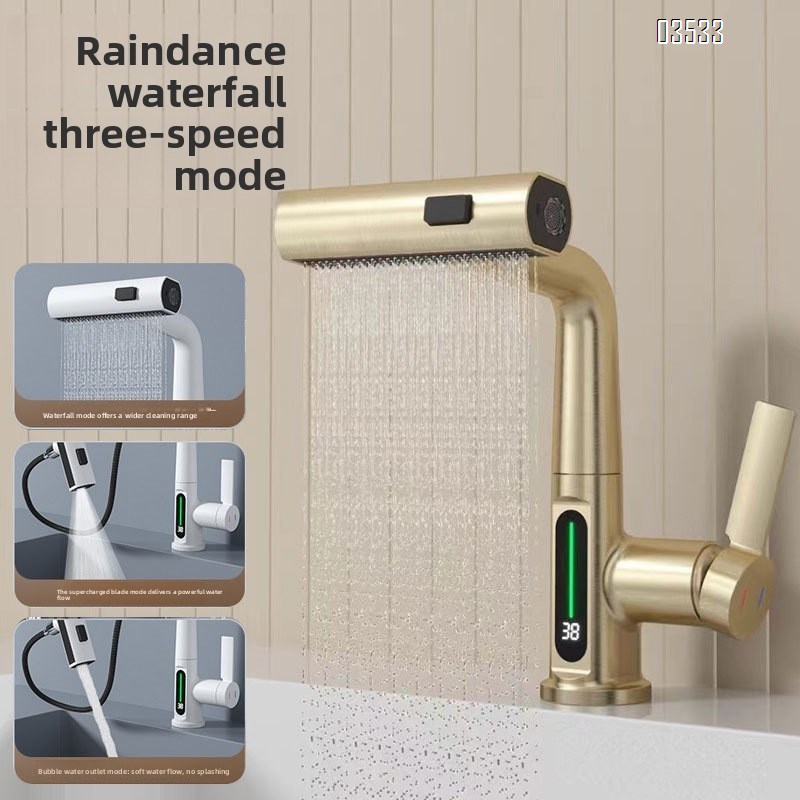 Modern Single-Hole  Pull Out Kitchen Sink Faucet Water Fall Mixer with Temperature Show Display for Hotels and Apartments